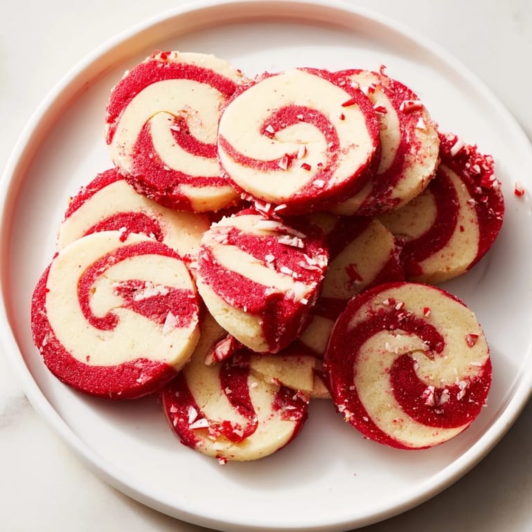 Close-up on the beautifully swirled Candy Cane Pinwheel Cookies, smelling of peppermint and baking warmly.