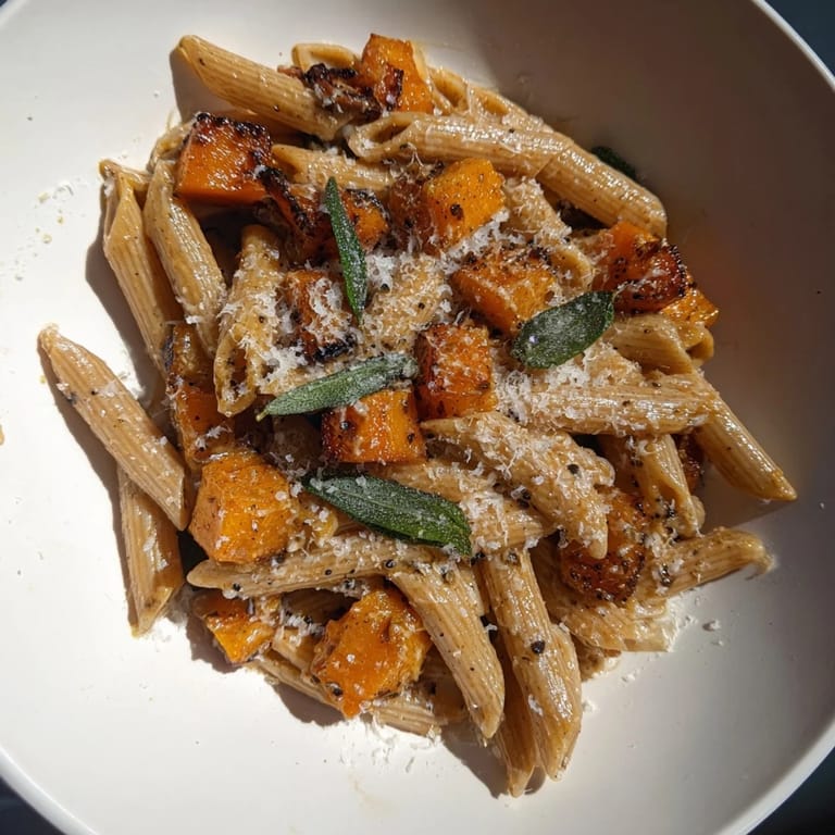 Creamy brown butter pasta with butternut squash, topped with Parmesan; a delicious vegetarian meal.