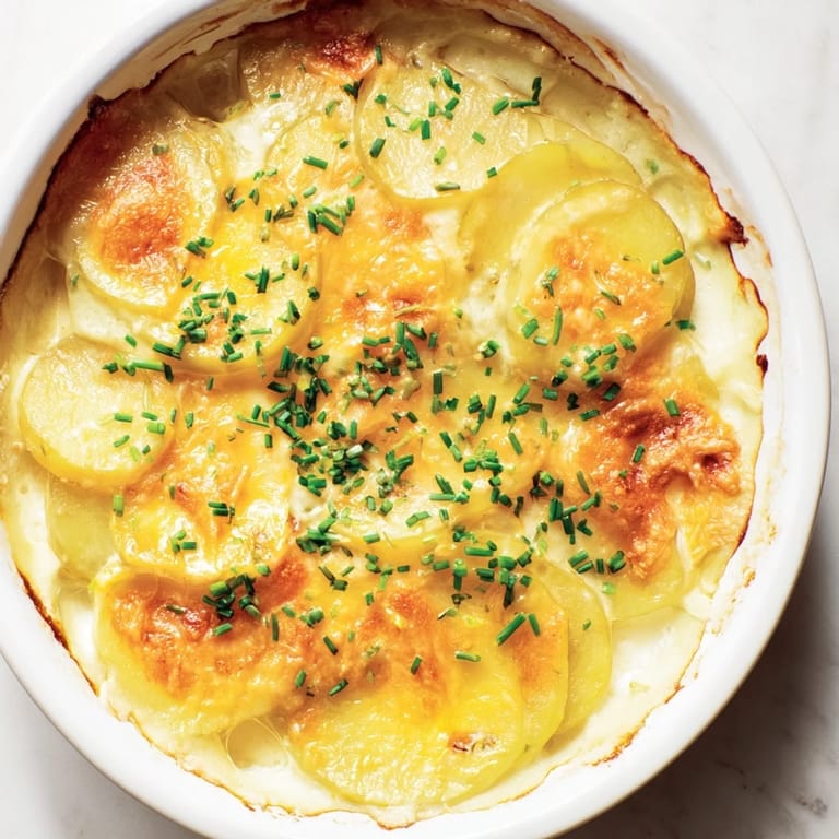 Melted cheese topping the layered Cheesy Scalloped Potatoes with perfectly tender, baked potatoes.