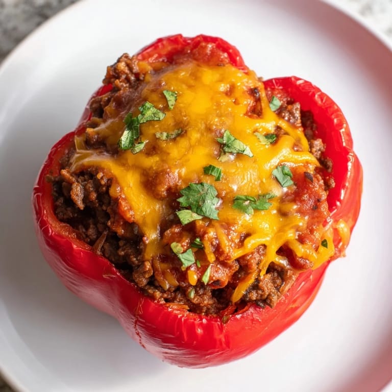 Brightly colored bell peppers overflow with delicious Sloppy Joe filling, ready to serve for dinner.