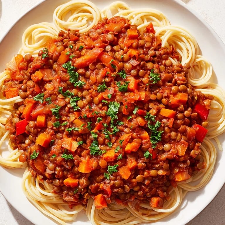 Rich, flavorful Hearty Lentil Bolognese, ladled over pasta and ready for a satisfying Italian dinner.