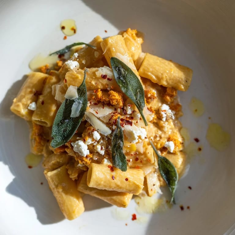 Creamy Viral Sweet Potato Goat Cheese Sage pasta with roasted sweet potatoes and crumbled goat cheese.