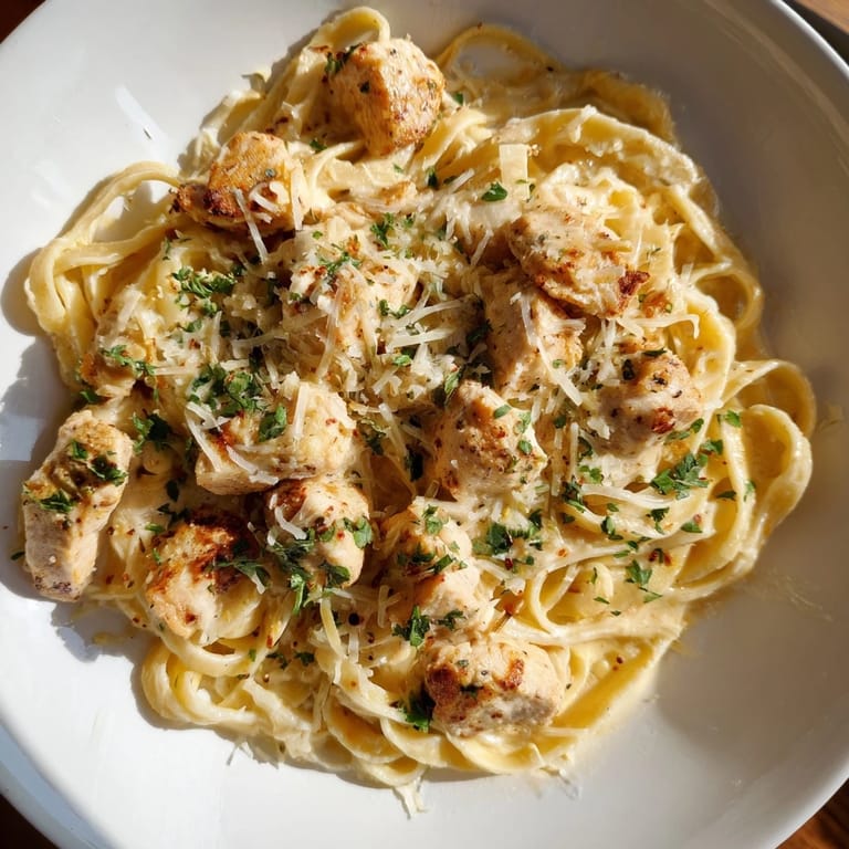 Close-up of golden-brown Cowboy Butter Chicken Pasta, a comforting dish with parsley garnish and parmesan cheese.