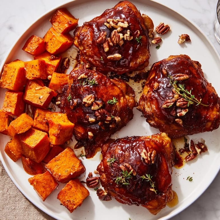 Juicy maple glazed chicken thighs sit next to caramelized sweet potatoes in a delicious pan.
