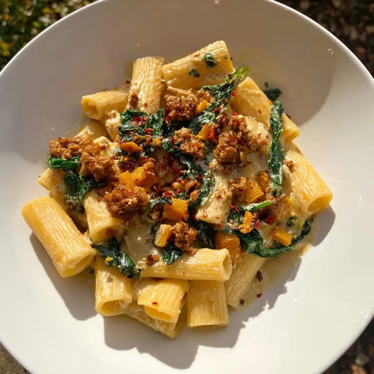 A close-up of Creamy Rigatoni with Butternut Squash showing tender squash and rich sauce coating the pasta.
