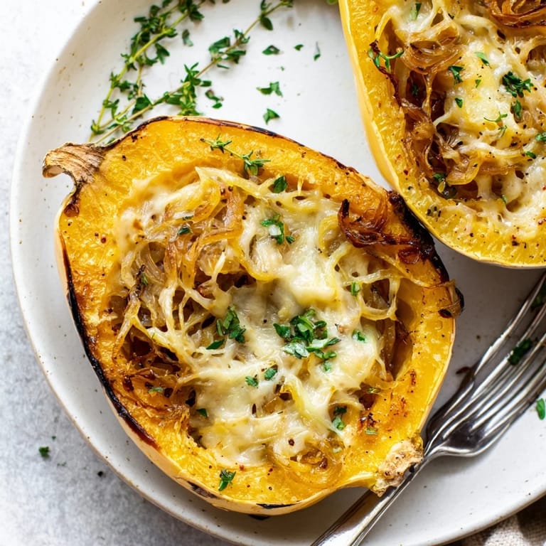 Mouthwatering close-up of Caramelized Onion Gruyere Acorn Squash, filled with melted cheese and herbs.