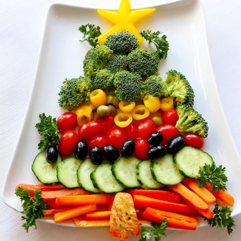 Bright red and green of the Healthy Christmas Veggie Platter Tree showcase a visually stunning vegetarian snack.