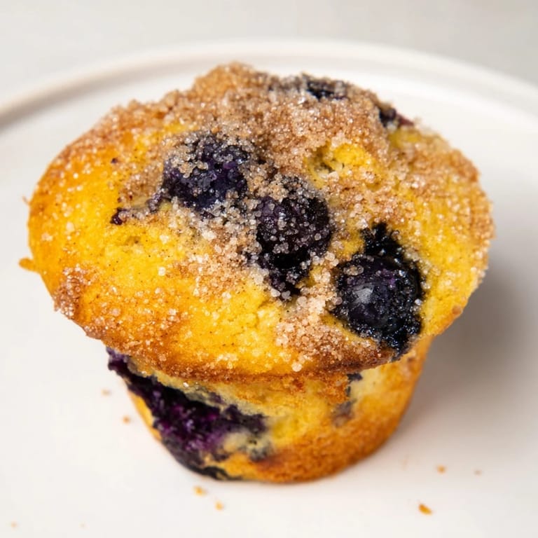 Freshly baked Budget Christmas Blueberry Muffins with a sweet cinnamon sugar topping, ready to eat.