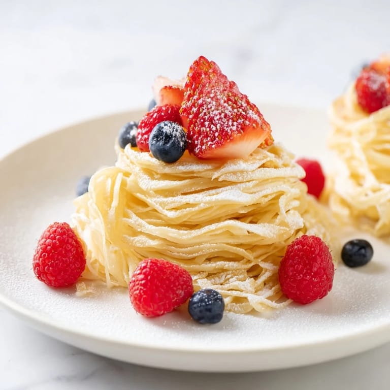 Golden Quick Festive Pancake Spaghetti piled high, ready to be enjoyed with whipped cream and maple syrup.