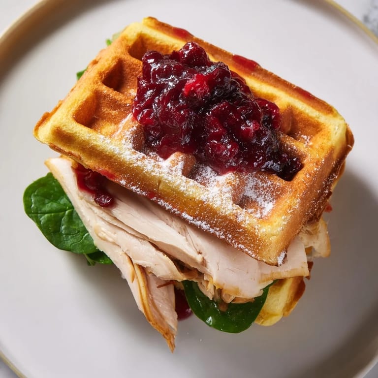 Warm, sliced Easy Holiday Waffle Sandwich featuring savory turkey and vibrant cranberry, ready for serving.