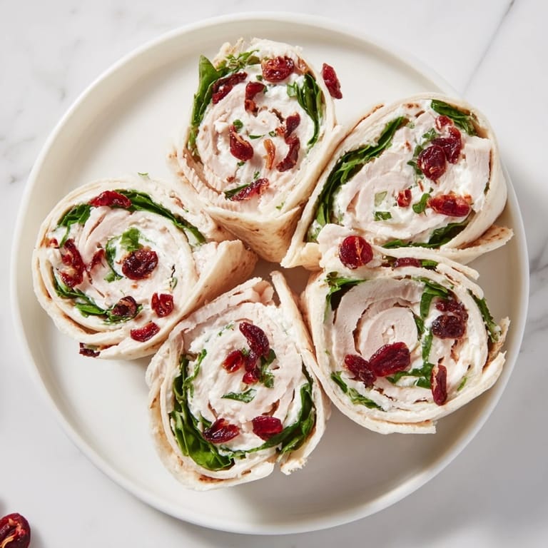 Close-up of freshly sliced Turkey Cranberry Pinwheels showcasing the creamy fillings and vibrant cranberries.