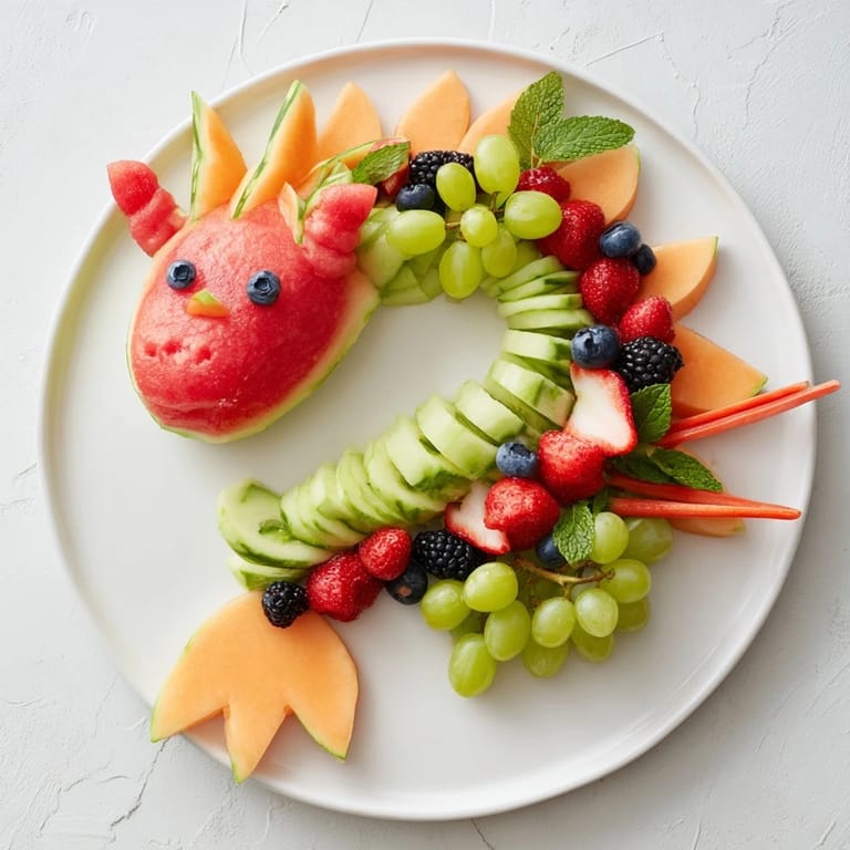 This healthy Dragon-Shaped Fruit Tray showcases a watermelon dragon body covered in juicy, sweet fruit scales.