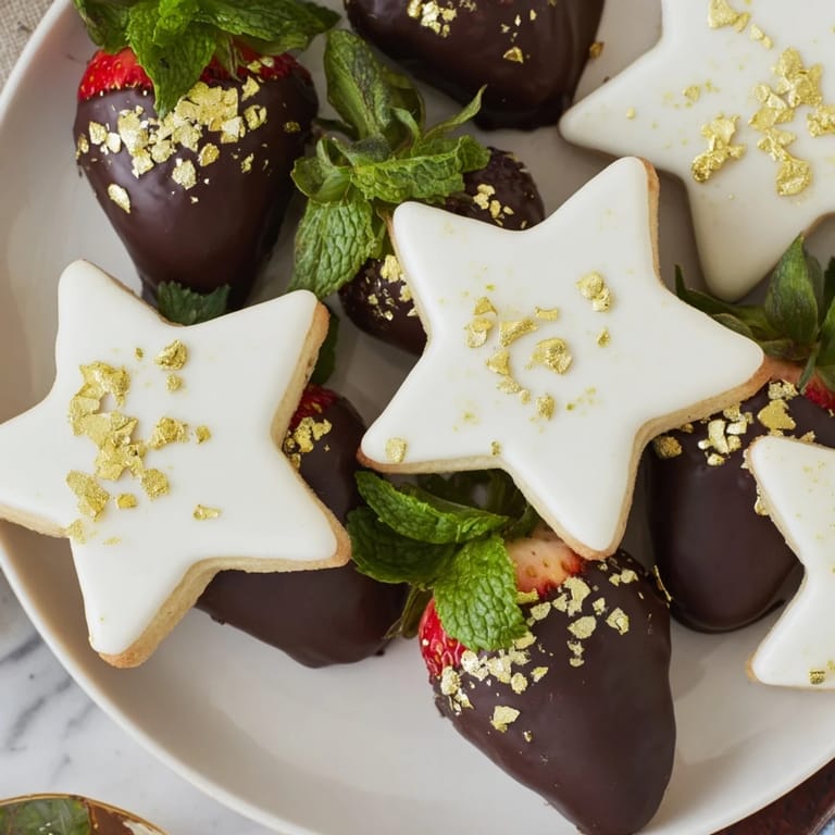 This festive Star-Studded Dessert Board displays colorful fruits, bite-sized sweets, and rich sauces, ready to be enjoyed.