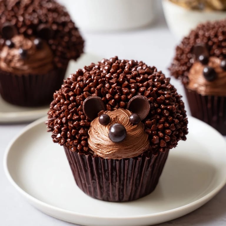 Close-up of a whimsical Hedgehog Cupcake Tower, with chocolate sprinkles and cute faces.
