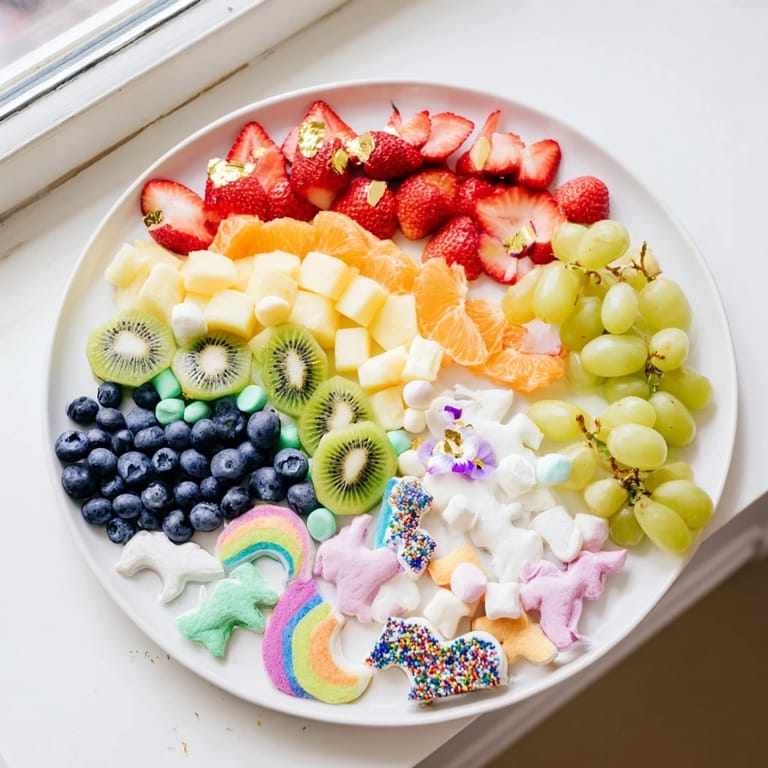 Imagine a Magical Unicorn Rainbow Dessert Board, a stunning array of fresh fruit and treats, ready to eat!