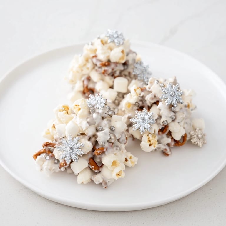 A festive serving of Ski Season Snowflake Snack Mix, perfect for a cozy après-ski treat.