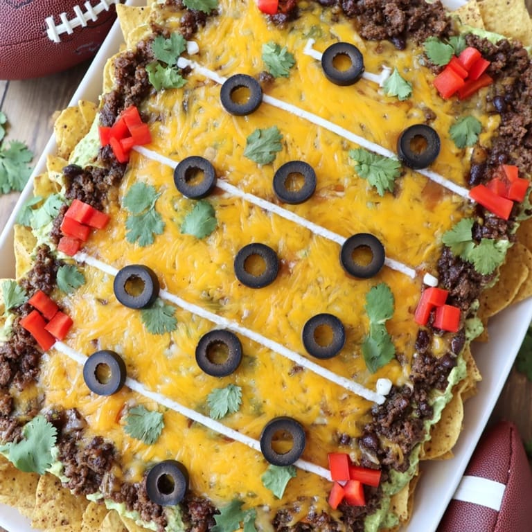 This delicious Soccer Field Nacho Platter shows cheesy nachos with ground beef and festive toppings, perfect for sharing.