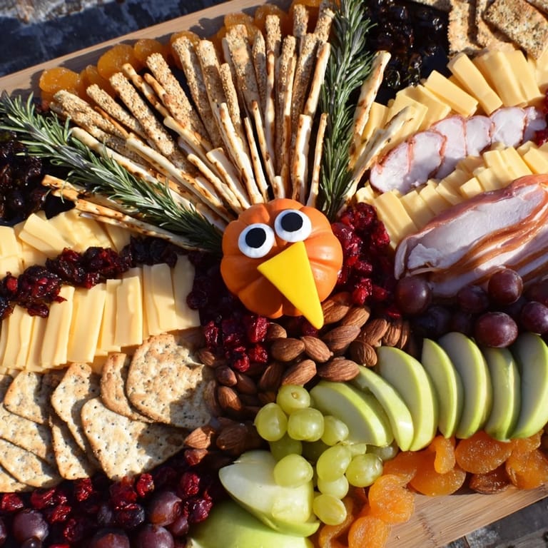 This Wheat Field Thanksgiving Turkey Board showcases vibrant crackers, cheeses, and cured meats for a holiday feast.