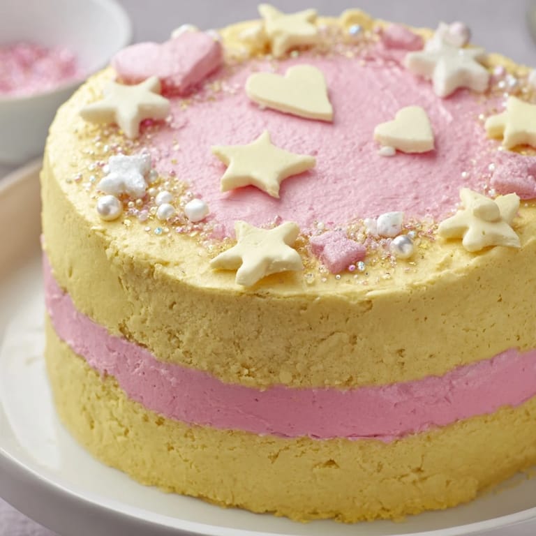 Delicious Château de Princesse Cœurs et Étoiles, a French-inspired cake, awaits with star-shaped sugar decorations shining.