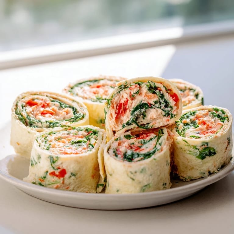 Creamy filling and colorful veggies create beautiful Christmas Scarf Tortilla Roll-Ups, perfect for a party.