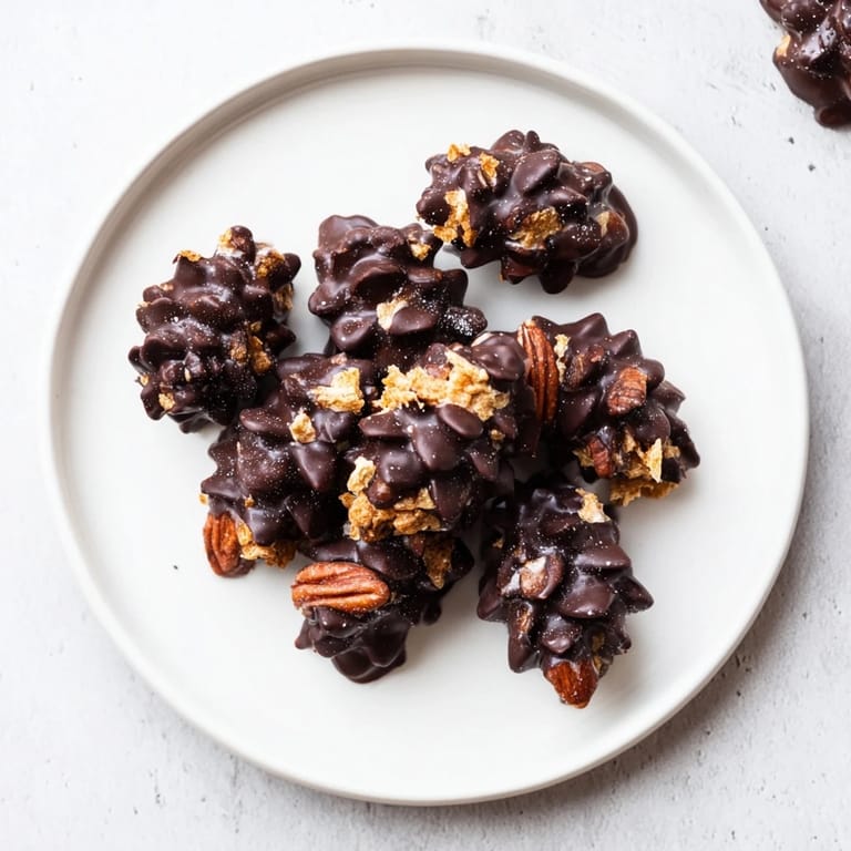 Close-up of freshly made Pinecone Chocolate Nut Clusters, shaped like detailed mini pinecones, ready to eat.
