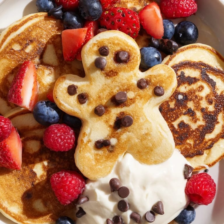 Delicious Gingerbread Boy Berry Board arranged with colorful berries and fluffy gingerbread man pancakes ready to eat.