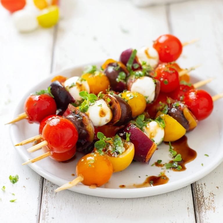Bright red cherry tomatoes and dark olives arranged on skewers, creating Christmas Lights Olive and Tomato Skewers.