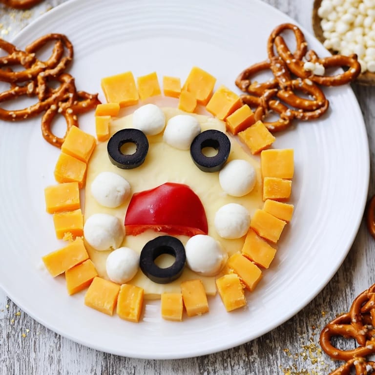 Enjoy this easy-to-make, vegetarian Cheesy Reindeer Face Platter, perfect for a holiday party!