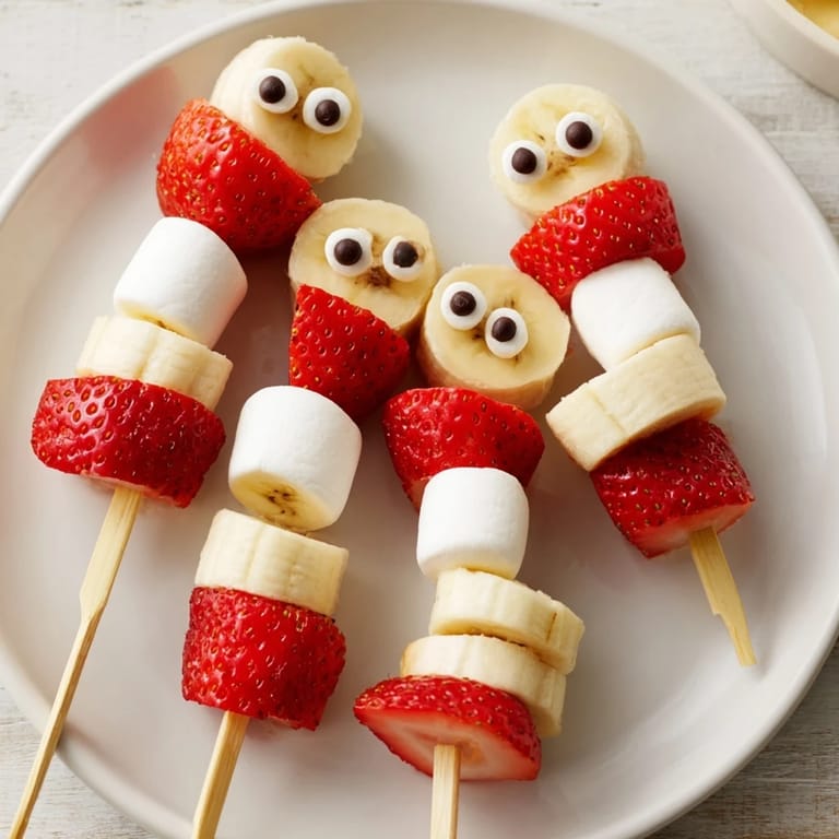 Delicious Strawberry Banana Santa Sticks: Sweet strawberries and banana slices become cheerful, edible holiday treats.