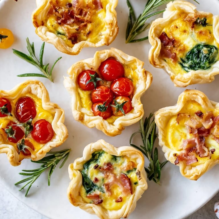 A close-up view shows a delectable mini quiche holiday village with fresh ingredients arranged for a party.