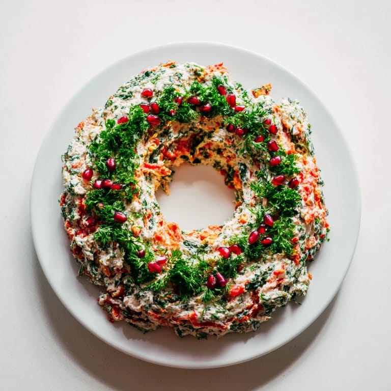 Vibrant Red Pepper and Spinach Dip Wreath, garnished with parsley and pomegranate, ideal for a party.