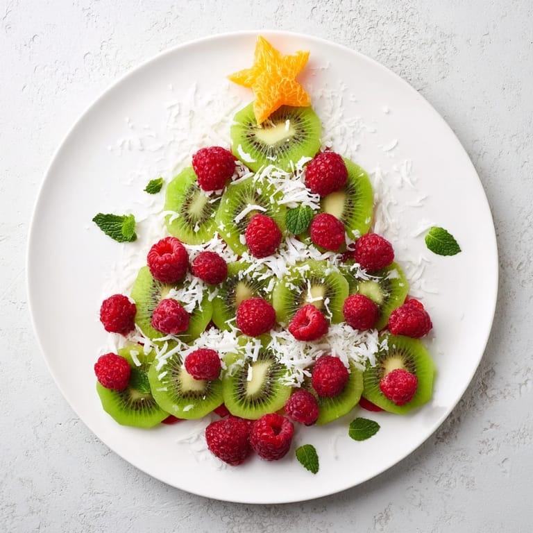 Fresh Kiwi and raspberry Christmas tree fruit plate, a healthy holiday appetizer garnished with fresh coconut flakes.