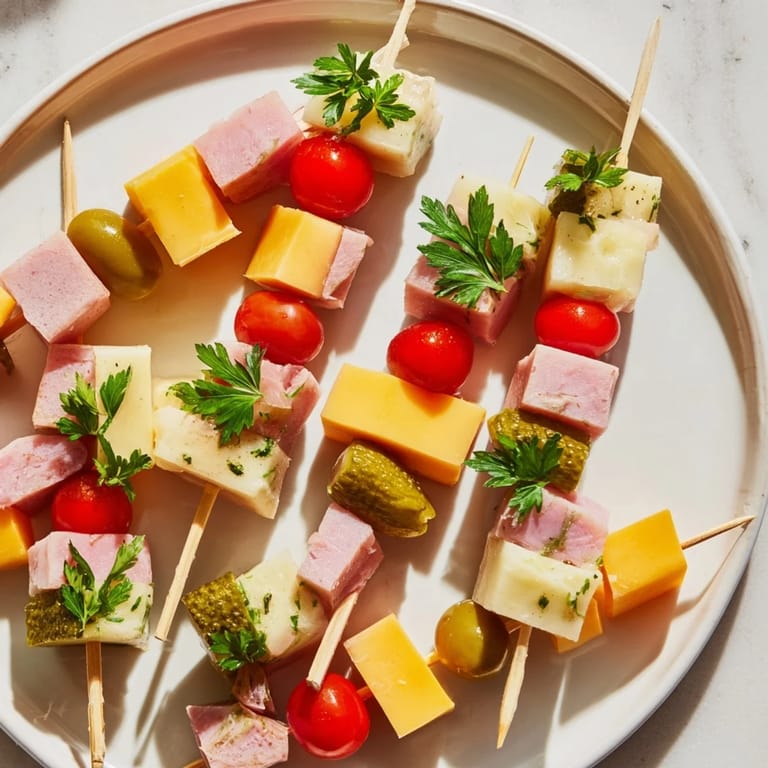 Vibrant Savory Skewers arranged on a platter, showcasing ham, Swiss cheese, pickles, and tomatoes.