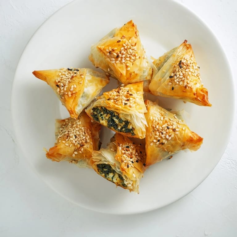 A warm cluster of Mini Spanakopita triangles, showing flaky phyllo pastry and a delightful spinach filling.