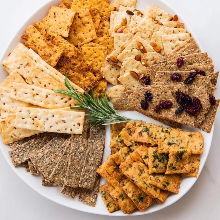 A close-up of a vibrant Holiday Crackers platter, showing a variety of crackers and garnishes, perfect for sharing.