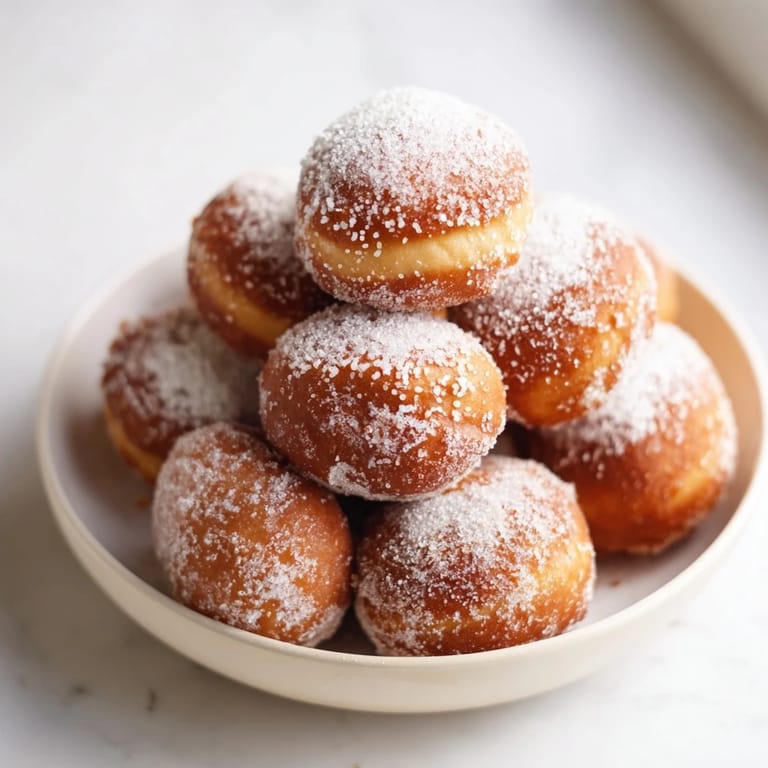 A close-up of a powdered donut holes mountain, fluffy, golden brown, ready to be dipped into a chocolate sauce.