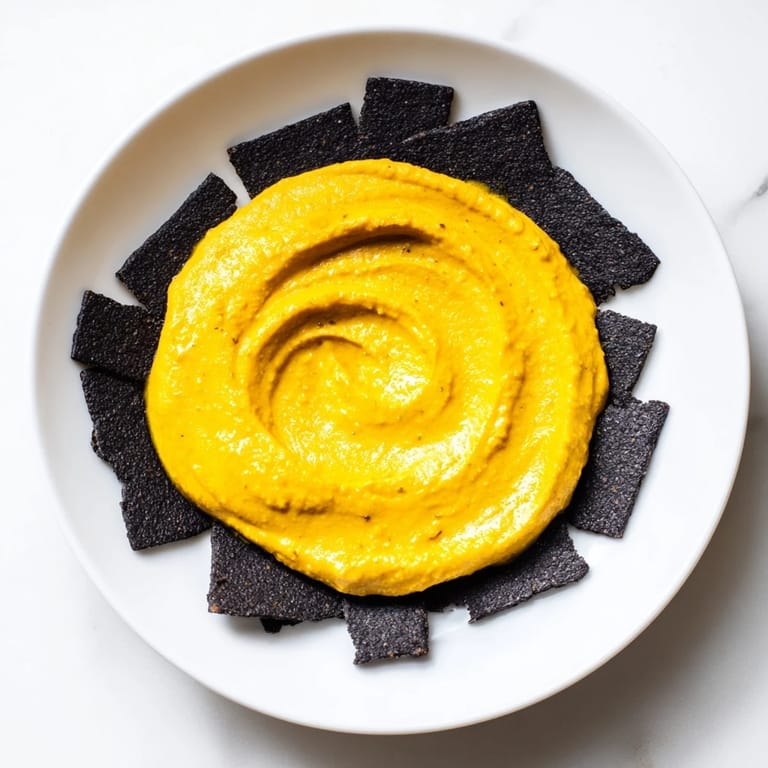 Elegant Midnight Sun appetizer with striking dark crackers around bright orange carrot dip, perfect for a party.