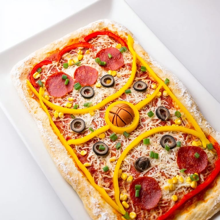 Detailed shot of a Basketball Court Pizza, showcasing vibrant bell peppers as court lines and olives.