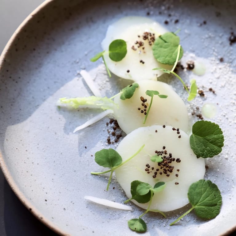 Vibrant The Tundra Trek appetizer: crisp vegetables, sesame seeds, and a subtle dressing on a cold slab.