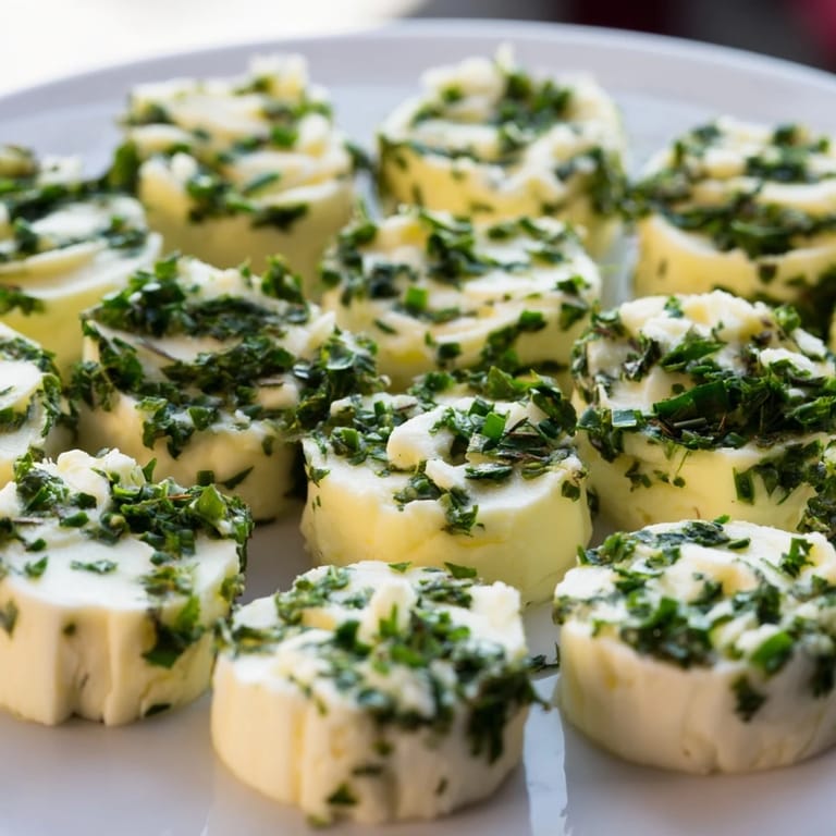 Fresh, herb-covered Mossy Stone goat cheese bites, beautifully arranged, perfect starter for any party.