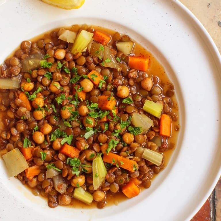Close-up of a flavorful, vegan Middle Eastern Lentil and Chickpea Stew, ready to serve with warm flatbread.