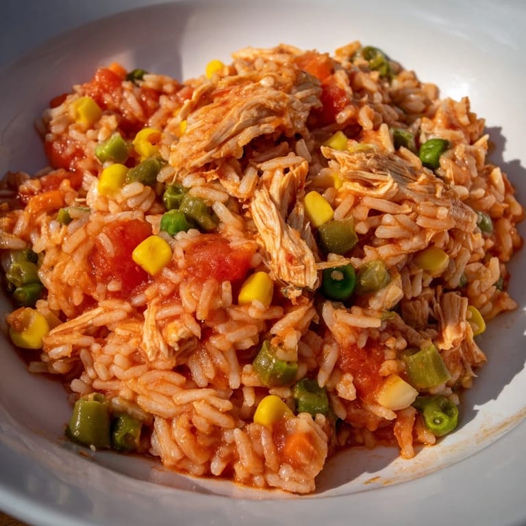 A close-up of a serving of One-Pot Chicken and Rice, brimming with flavorful chicken and savory rice.