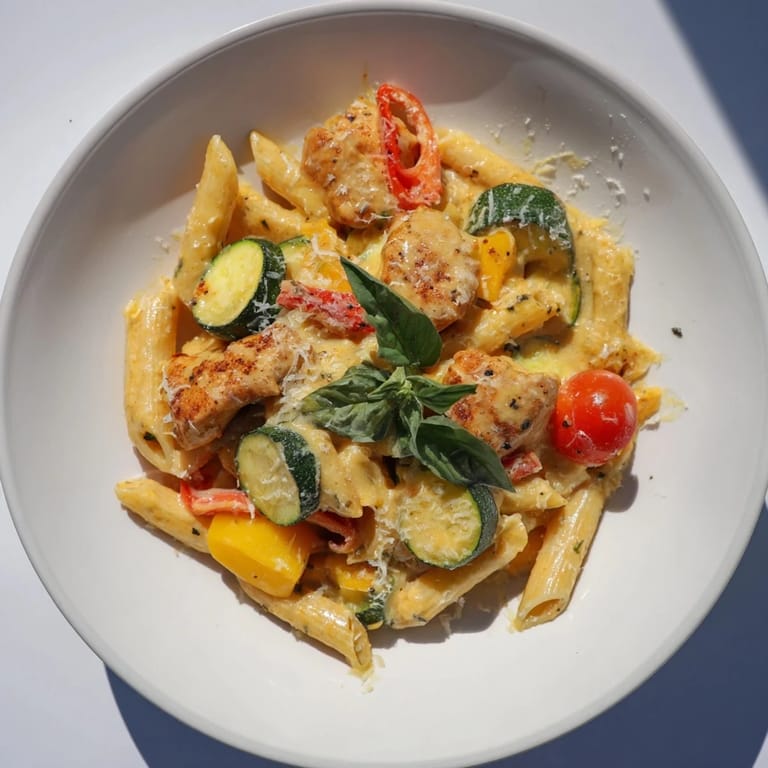 Enjoy a delicious plate of flavorful 5-4-3-2-1 Pasta Primavera, garnished with fresh basil.