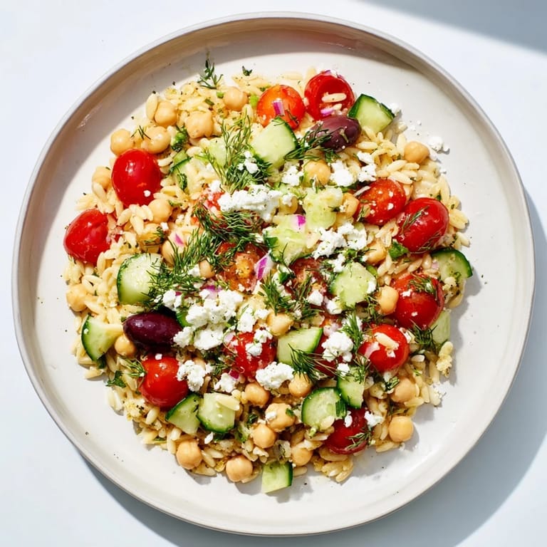 A bowlful of Greek Lemon-Orzo Bean Salad: creamy chickpeas and herbs tossed in lemon dressing.