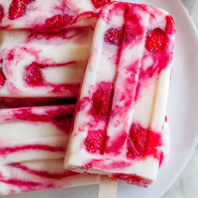 A close-up of delicious Raspberry Coconut Ice Pops: a refreshing, vegan dessert made with fresh raspberries.