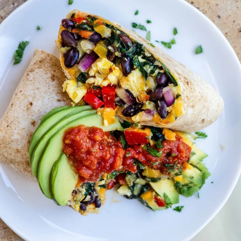 A close-up of a Veggie-Loaded Breakfast Burrito, showing colorful veggies and creamy scrambled eggs.