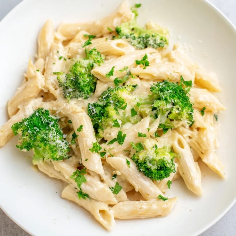 Close-up of Cream Cheese Garlic Pasta: tender pasta coated in a rich, cheesy garlic sauce, ready to serve.