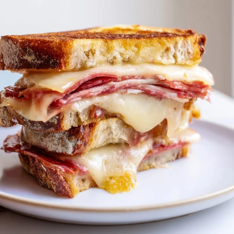 A close-up of a perfectly grilled Charcuterie Grilled Cheese with cheeses oozing, ready to eat.