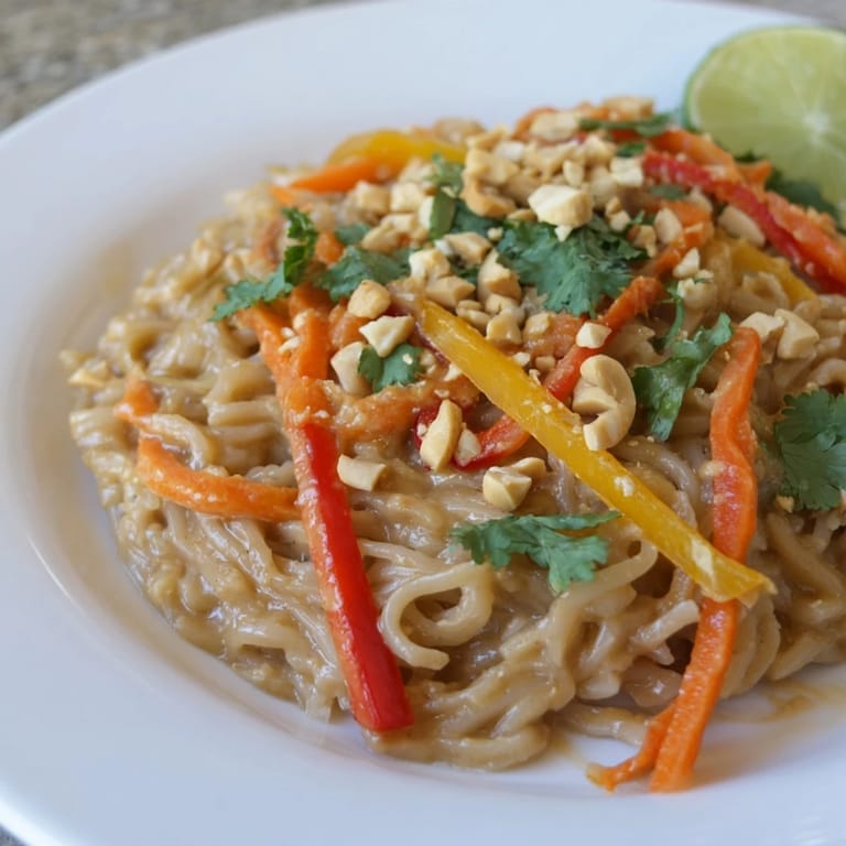 Colorful serving bowl of Asian-inspired spicy peanut noodles, garnished and ready for a satisfying meal.