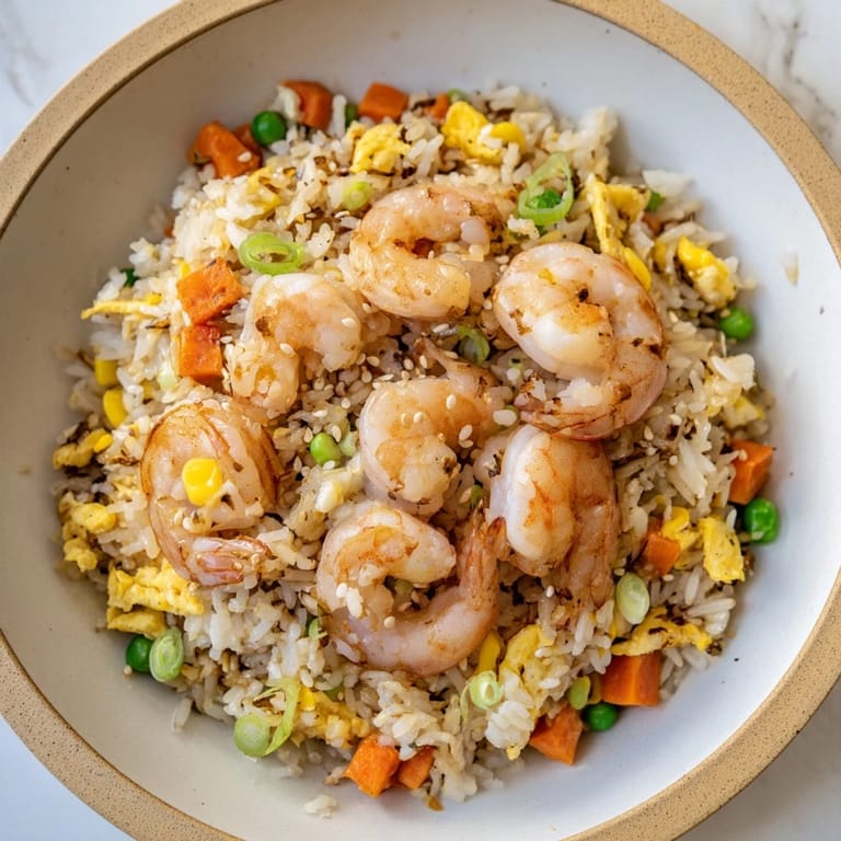 Steaming-hot shrimp fried rice, ready to eat, served with fresh scallions and sesame seeds.